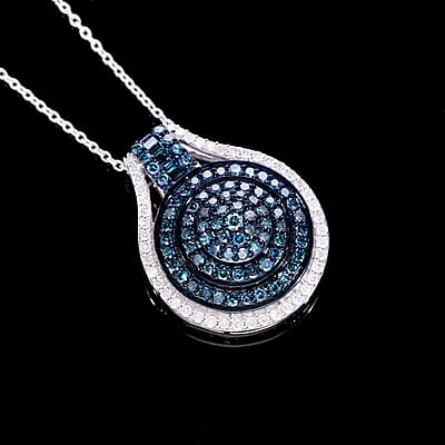 Blue and White Diamond 1.00 ctw Cluster Pendant without Chain in Platinum Over Sterling Silver