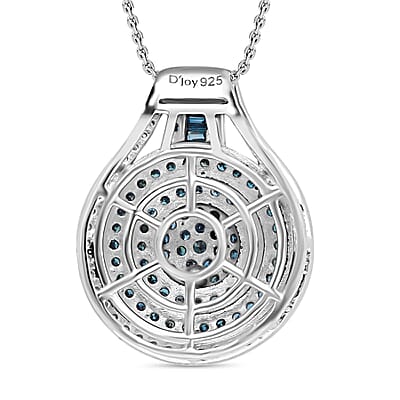 Blue and White Diamond 1.00 ctw Cluster Pendant without Chain in Platinum Over Sterling Silver