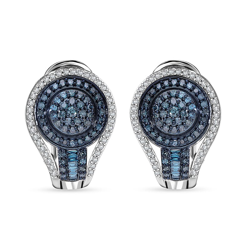 Blue and White Diamond 1.00 ctw Cluster Earrings in Platinum Over Sterling Silver