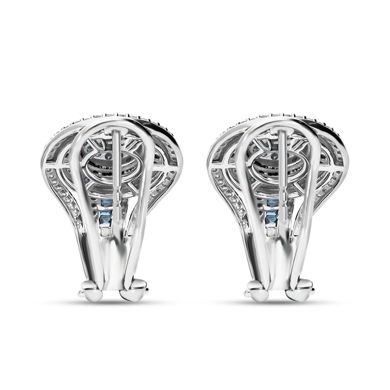 Blue and White Diamond 1.00 ctw Cluster Earrings in Platinum Over Sterling Silver