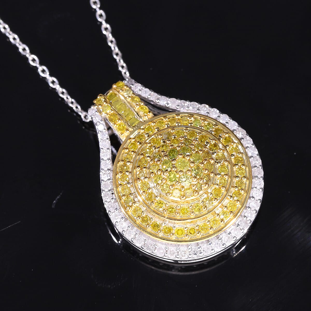 Yellow and White Diamond 1.00 ctw Cluster Pendant without Chain in Platinum Over Sterling Silver image number 1