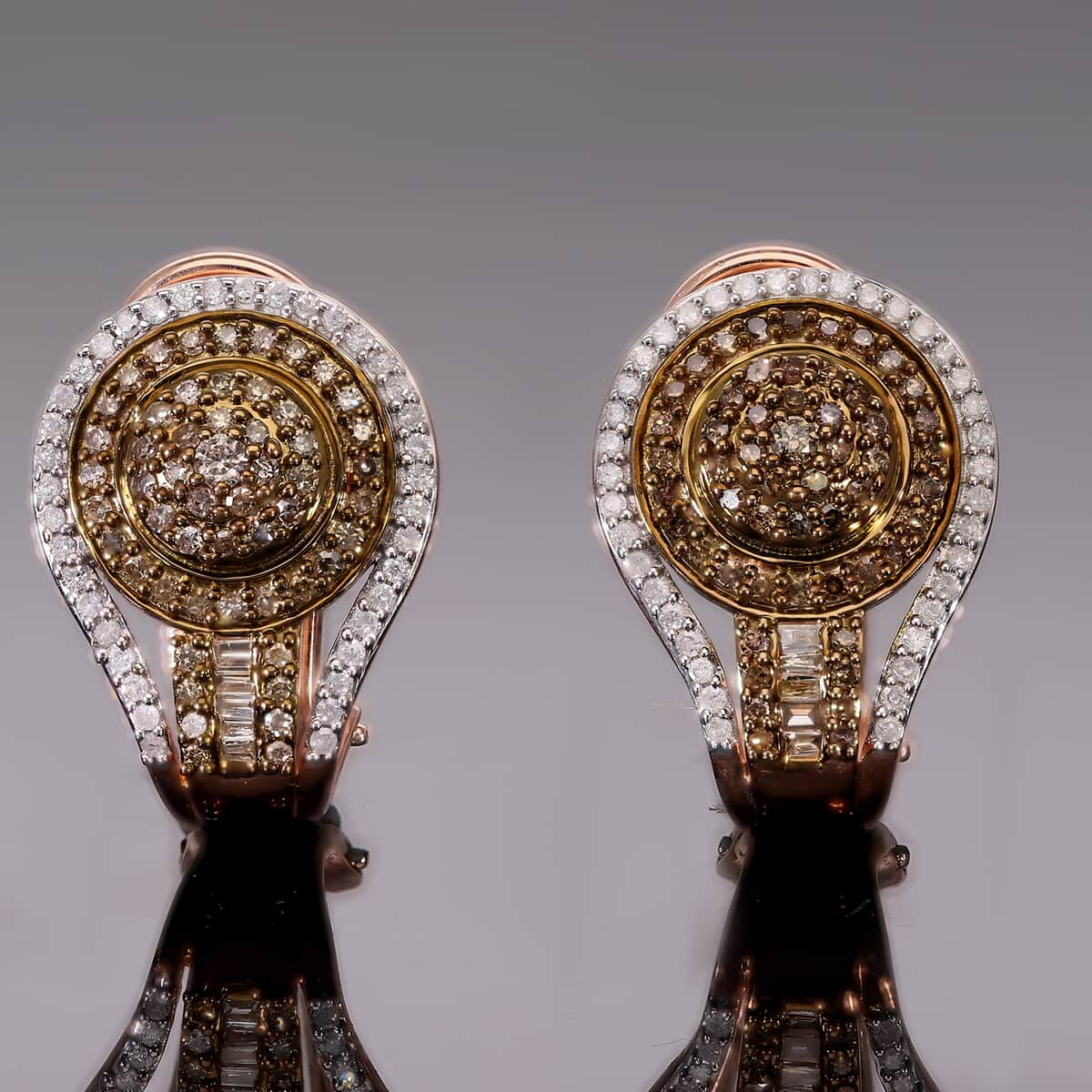 Natural Champagne and White Diamond 1.00 ctw Cluster Earrings in Vermeil Rose Gold Over Sterling Silver image number 1