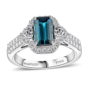 Certified & Appraised Rhapsody AAAA Monte Belo Indicolite and E-F VS Diamond 2.61 ctw Ring in 950 Platinum (Size 8.5) 7.45 Grams