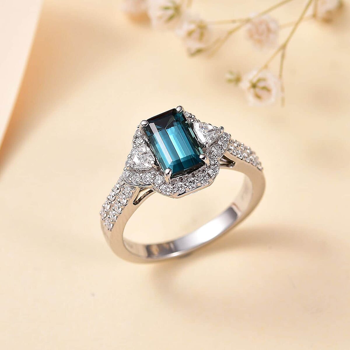 Certified & Appraised Rhapsody AAAA Monte Belo Indicolite and E-F VS Diamond 2.61 ctw Ring in 950 Platinum (Size 8.5) 7.45 Grams image number 1