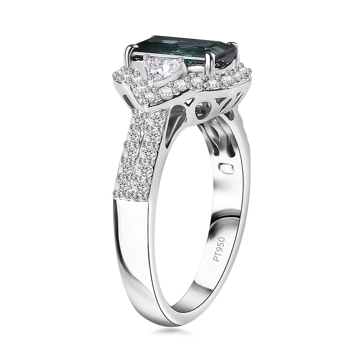 Certified & Appraised Rhapsody AAAA Monte Belo Indicolite and E-F VS Diamond 2.61 ctw Ring in 950 Platinum (Size 8.5) 7.45 Grams image number 3