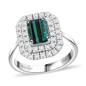 Certified & Appraised Rhapsody AAAA Monte Belo Indicolite and E-F VS Diamond 2.05 ctw Double Halo Ring in 950 Platinum (Size 6.5) 7.85 Grams