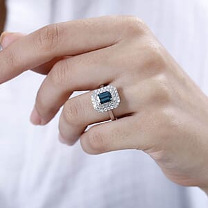 Certified & Appraised Rhapsody AAAA Monte Belo Indicolite and E-F VS Diamond 2.05 ctw Double Halo Ring in 950 Platinum (Size 6.5) 7.85 Grams