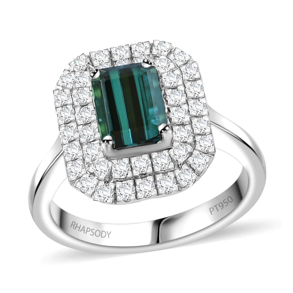 Certified & Appraised Rhapsody AAAA Monte Belo Indicolite and E-F VS Diamond 2.05 ctw Double Halo Ring in 950 Platinum (Size 8.5) 7.85 Grams image number 0