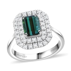 Certified & Appraised Rhapsody AAAA Monte Belo Indicolite and E-F VS Diamond 2.05 ctw Double Halo Ring in 950 Platinum (Size 8.5) 7.85 Grams