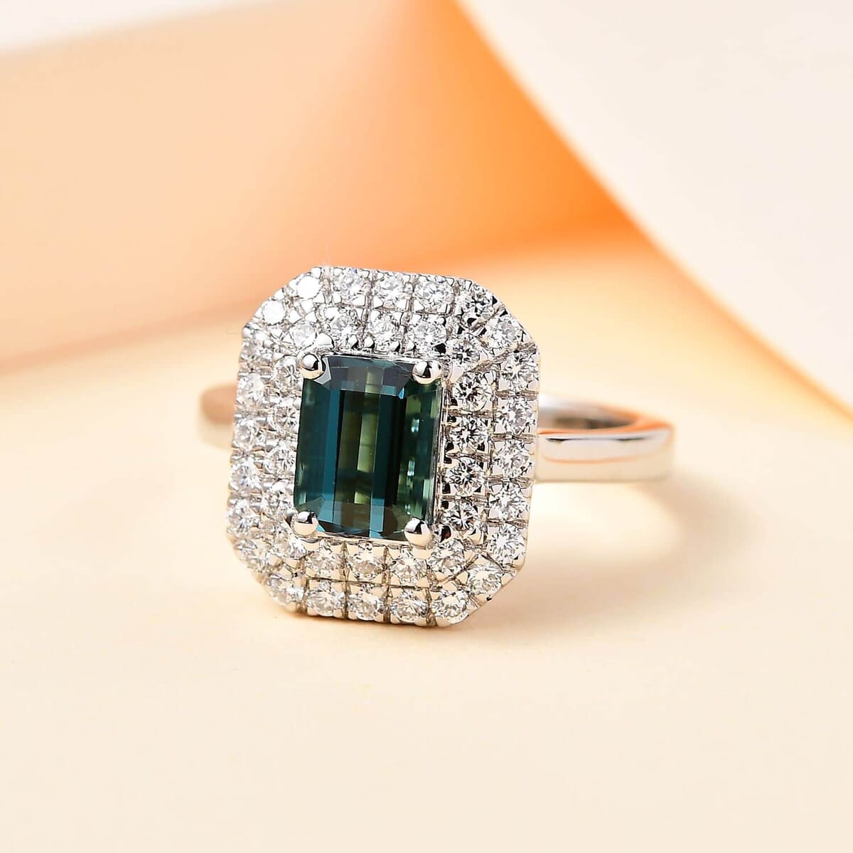 Certified & Appraised Rhapsody AAAA Monte Belo Indicolite and E-F VS Diamond 2.05 ctw Double Halo Ring in 950 Platinum (Size 8.5) 7.85 Grams image number 1
