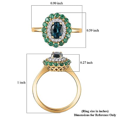 Luxoro AAA Monte Belo Indicolite, Boyaca Colombian Emerald and G-H I2 Diamond 1.52 ctw Floral Ring in 14K Yellow Gold (Size 5.0) 4 Grams