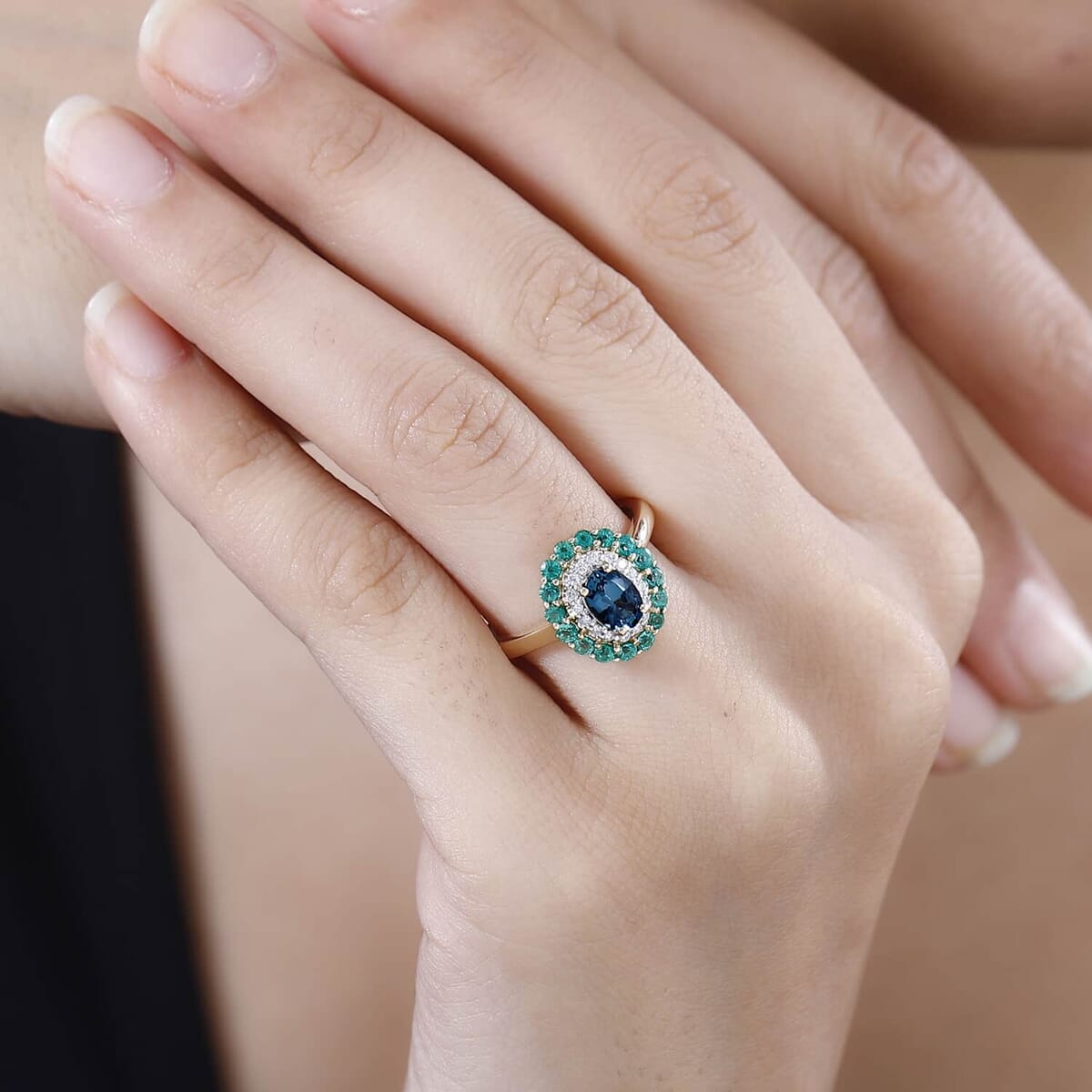 Luxoro AAA Monte Belo Indicolite, Boyaca Colombian Emerald and G-H I2 Diamond 1.52 ctw Floral Ring in 14K Yellow Gold (Size 7.5) 4 Grams image number 2