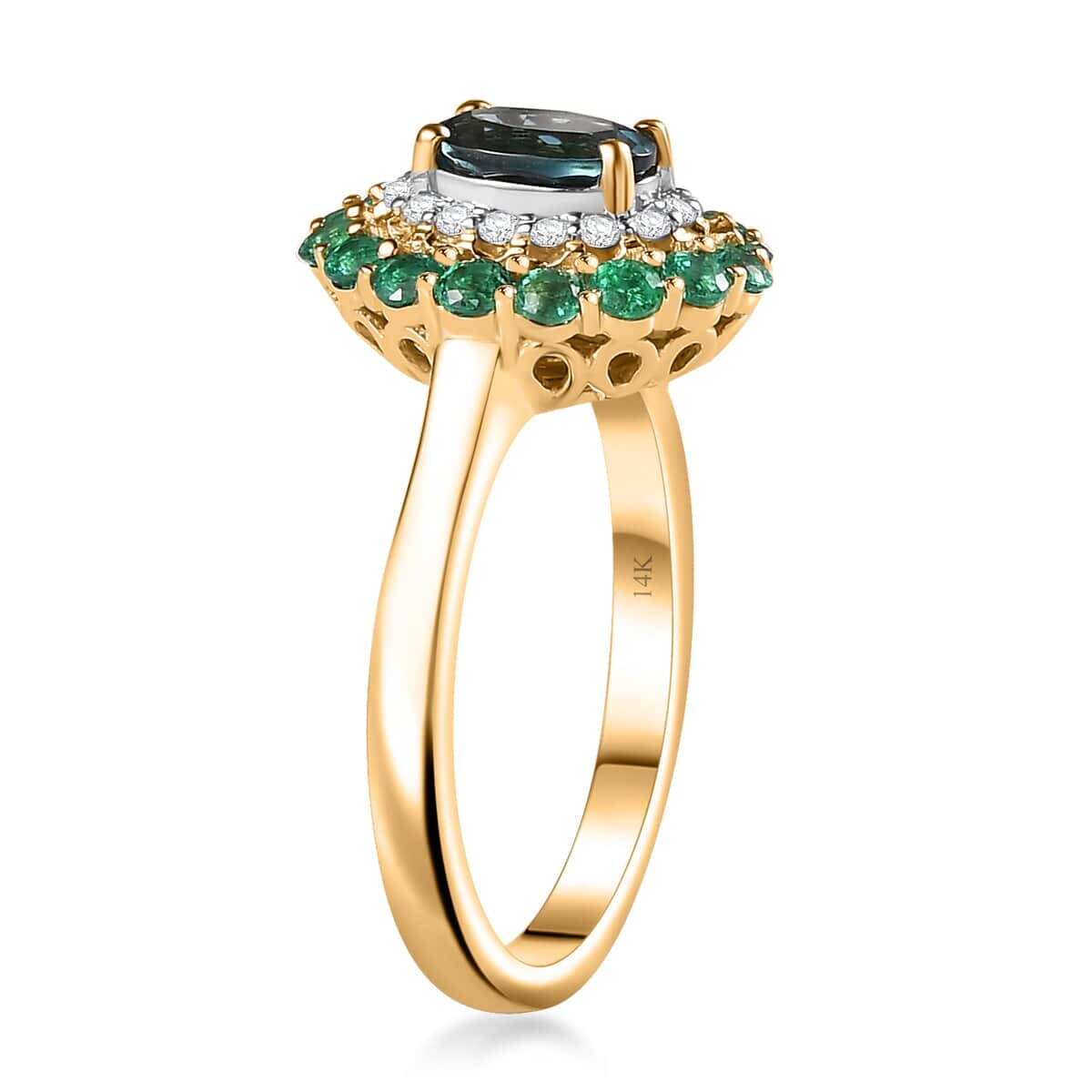Luxoro AAA Monte Belo Indicolite, Boyaca Colombian Emerald and G-H I2 Diamond 1.52 ctw Floral Ring in 14K Yellow Gold (Size 7.5) 4 Grams image number 3