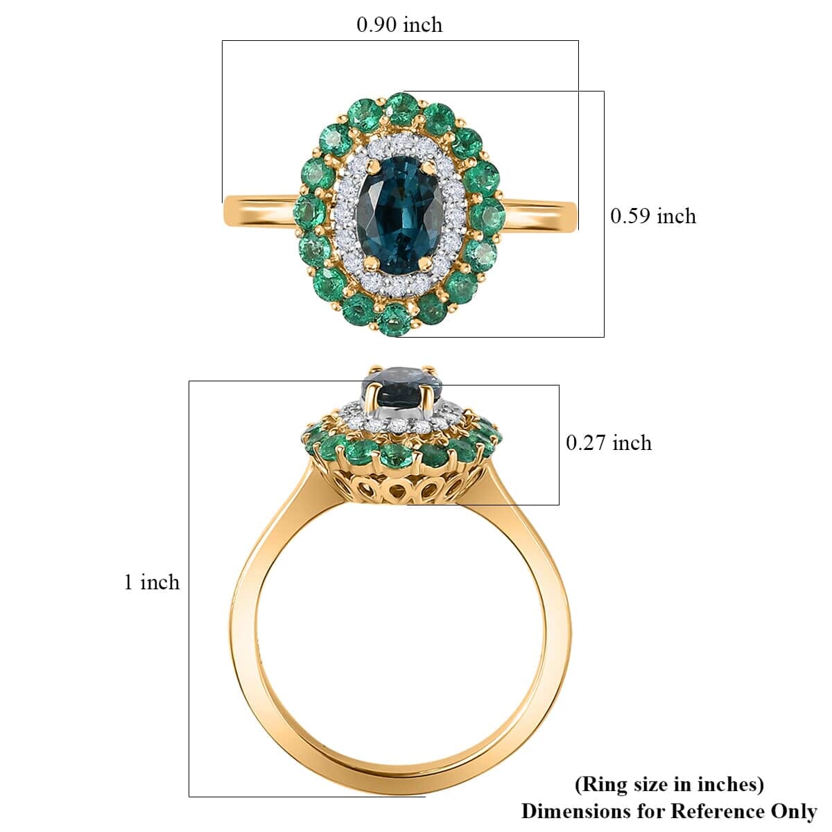 Luxoro AAA Monte Belo Indicolite, Boyaca Colombian Emerald and G-H I2 Diamond 1.52 ctw Floral Ring in 14K Yellow Gold (Size 7.5) 4 Grams image number 5