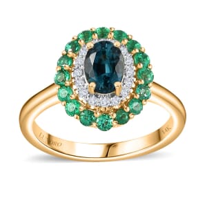 Luxoro AAA Monte Belo Indicolite, Boyaca Colombian Emerald and G-H I2 Diamond 1.52 ctw Floral Ring in 14K Yellow Gold (Size 8.5) 4 Grams