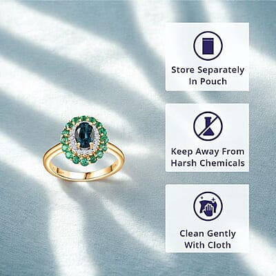 Luxoro AAA Monte Belo Indicolite, Boyaca Colombian Emerald and G-H I2 Diamond 1.52 ctw Floral Ring in 14K Yellow Gold (Size 10.0) 4 Grams
