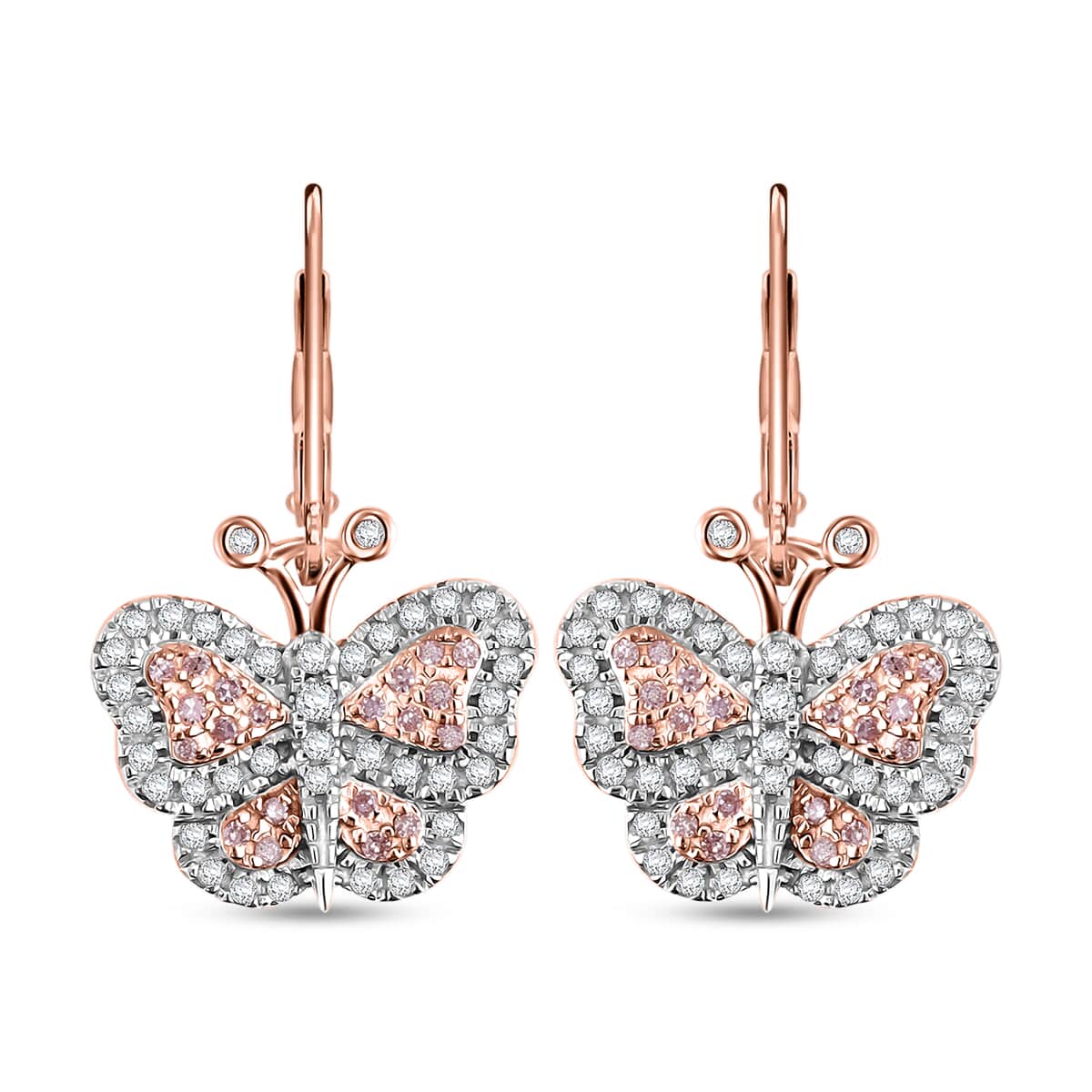 Natural Pink and White Diamond 0.50 ctw Butterfly Earrings in Vermeil Rose Gold Over Sterling Silver image number 0