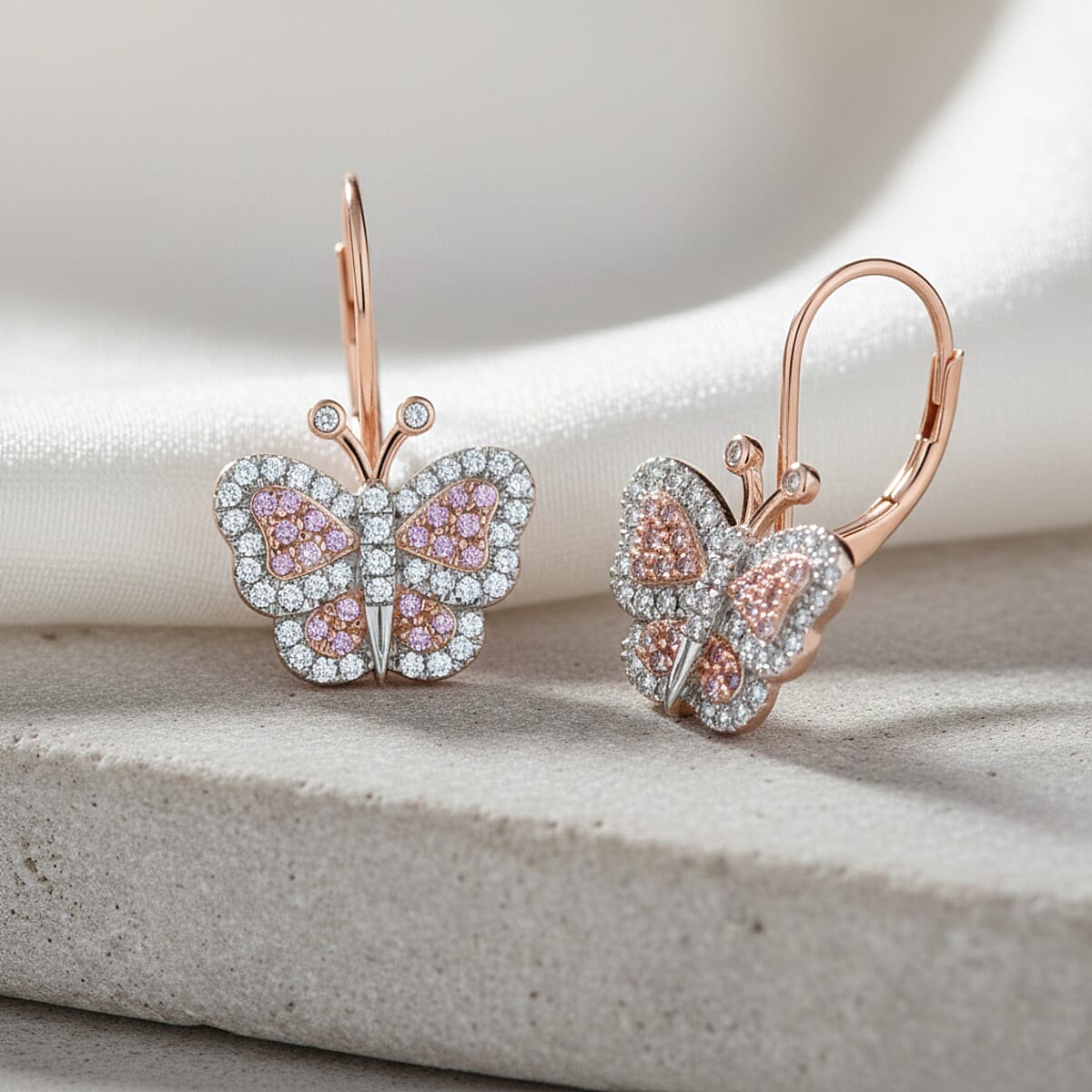 Doorbuster Natural Pink and White Diamond 0.50 ctw Butterfly Earrings in Vermeil Rose Gold Over Sterling Silver (Del. in 10-12 Days) image number 1