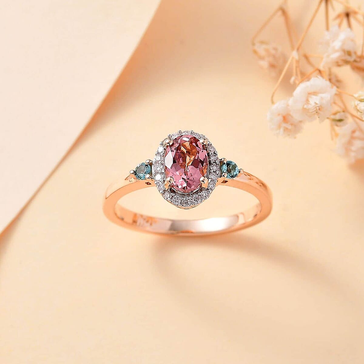 Premium Blush Tourmaline and Lagoon Tourmaline, G-H I2 Diamond 1.00 ctw Ring in 10K Rose Gold (Size 5.0) image number 1