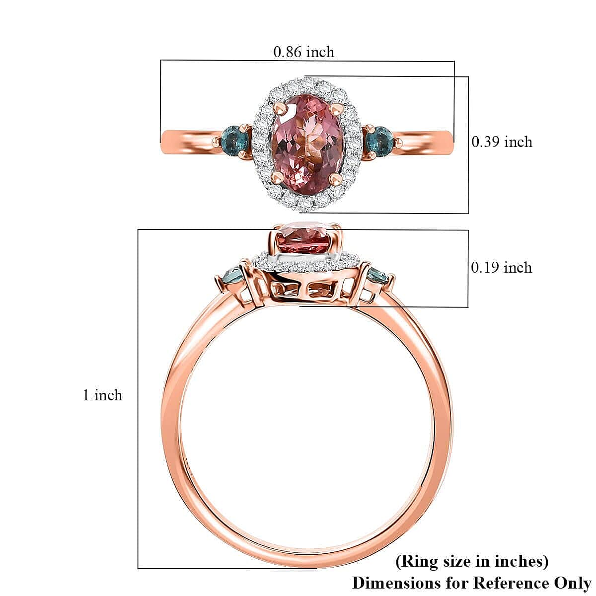 Premium Blush Tourmaline and Lagoon Tourmaline, G-H I2 Diamond 1.00 ctw Ring in 10K Rose Gold (Size 5.0) image number 5