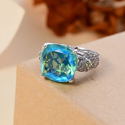 Peacock Quartz (Triplet) and Multi Gemstone Feather Ring in Rhodium Over Sterling Silver (Size 6.0)