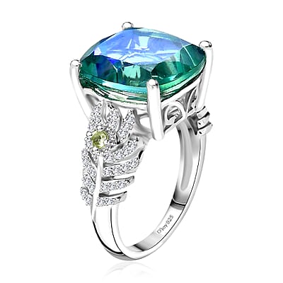 Peacock Quartz (Triplet) and Multi Gemstone Feather Ring in Rhodium Over Sterling Silver (Size 6.0)