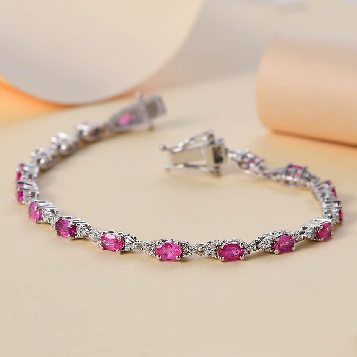 Premium Mozambique Pink Sapphire and Moissanite 5.25 ctw Art Deco Bracelet in Rhodium Over Sterling Silv (6.50 In)  image number 1