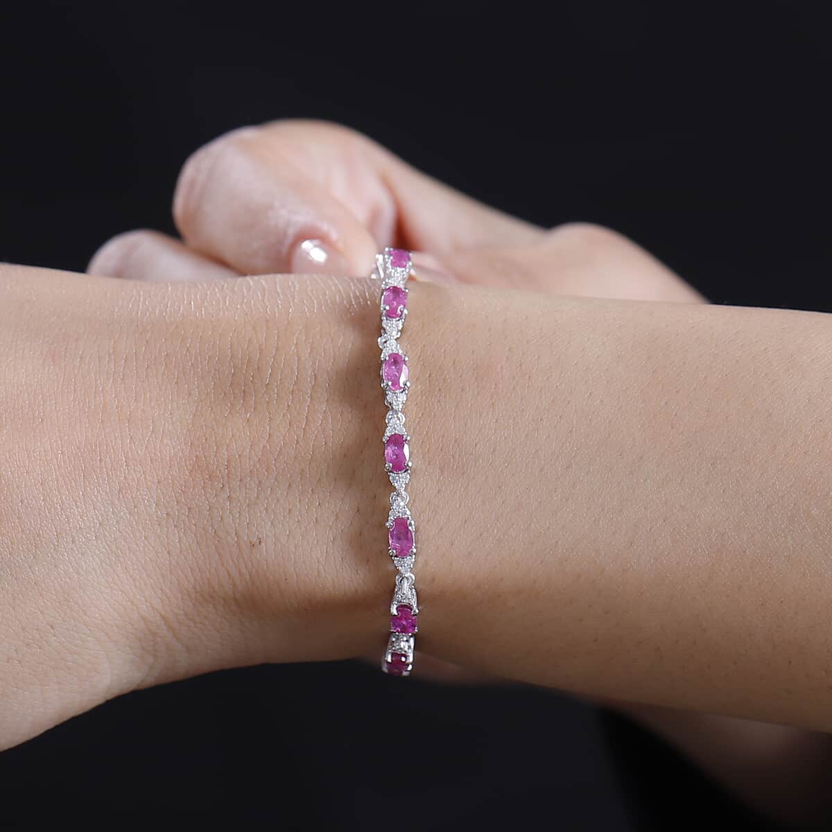 Premium Mozambique Pink Sapphire and Moissanite 5.25 ctw Art Deco Bracelet in Rhodium Over Sterling Silv (6.50 In)  image number 2