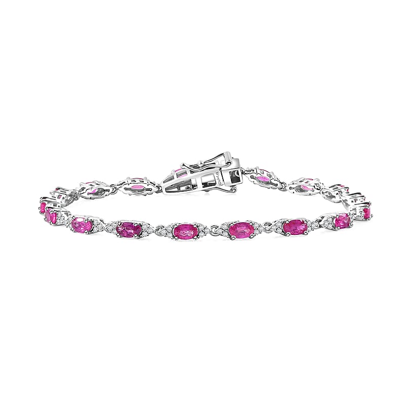 D'Joy Premium Mozambique Pink Sapphire and Moissanite 5.90 ctw Art Deco Bracelet in Rhodium Over Sterling Silver (7.25 In)