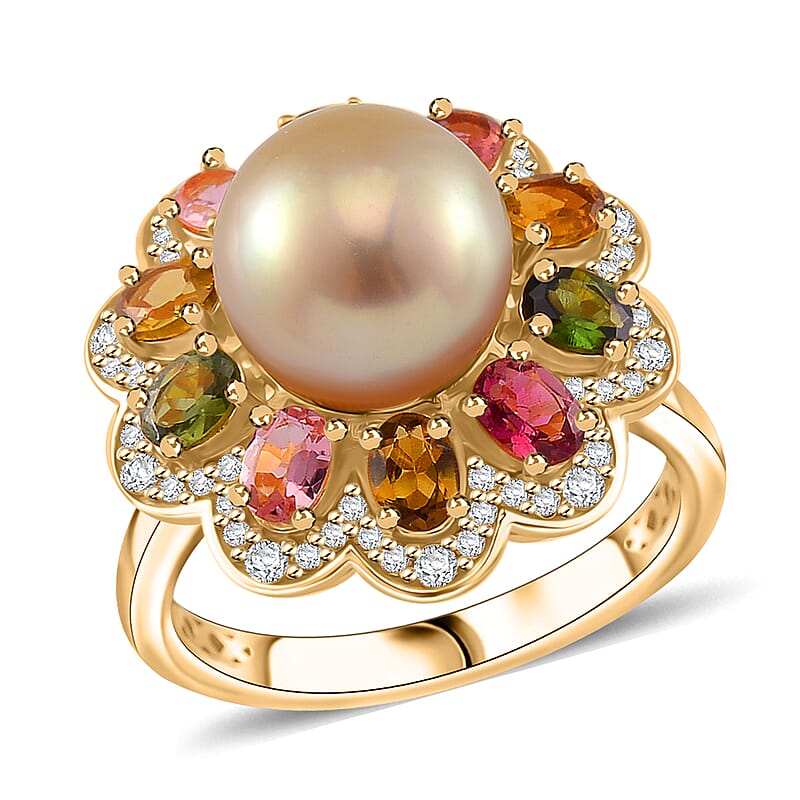 South Sea Golden Cultured Pearl 9-10mm, Multi Gemstone Blossom Ring in 18K Vermeil YG Over Sterling Silver (Size 10.0) 2.30 ctw