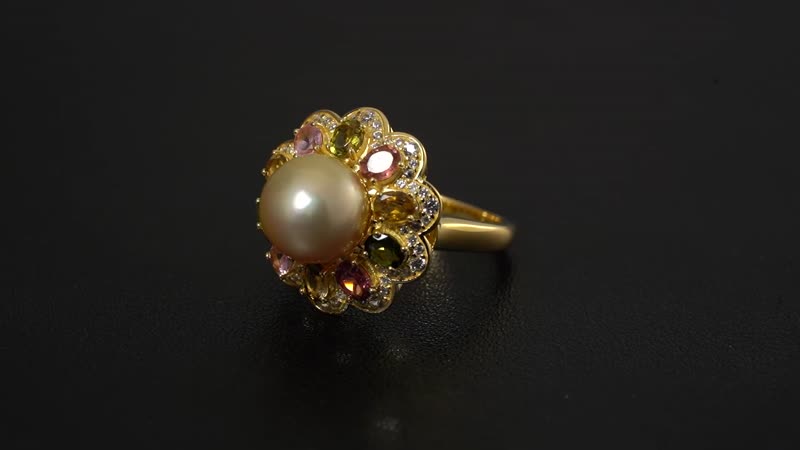 South Sea Golden Cultured Pearl 9-10mm, Multi Gemstone Blossom Ring in 18K Vermeil YG Over Sterling Silver (Size 10.0) 2.30 ctw