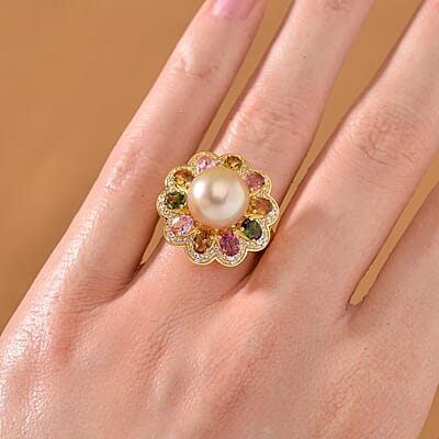 South Sea Golden Cultured Pearl 9-10mm, Multi Gemstone Blossom Ring in 18K Vermeil YG Over Sterling Silver (Size 10.0) 2.30 ctw