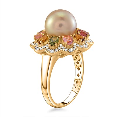 South Sea Golden Cultured Pearl 9-10mm, Multi Gemstone Blossom Ring in 18K Vermeil YG Over Sterling Silver (Size 10.0) 2.30 ctw
