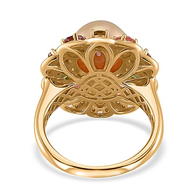 South Sea Golden Cultured Pearl 9-10mm, Multi Gemstone Blossom Ring in 18K Vermeil YG Over Sterling Silver (Size 10.0) 2.30 ctw