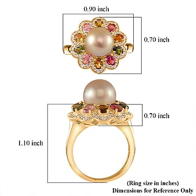 South Sea Golden Cultured Pearl 9-10mm, Multi Gemstone Blossom Ring in 18K Vermeil YG Over Sterling Silver (Size 10.0) 2.30 ctw