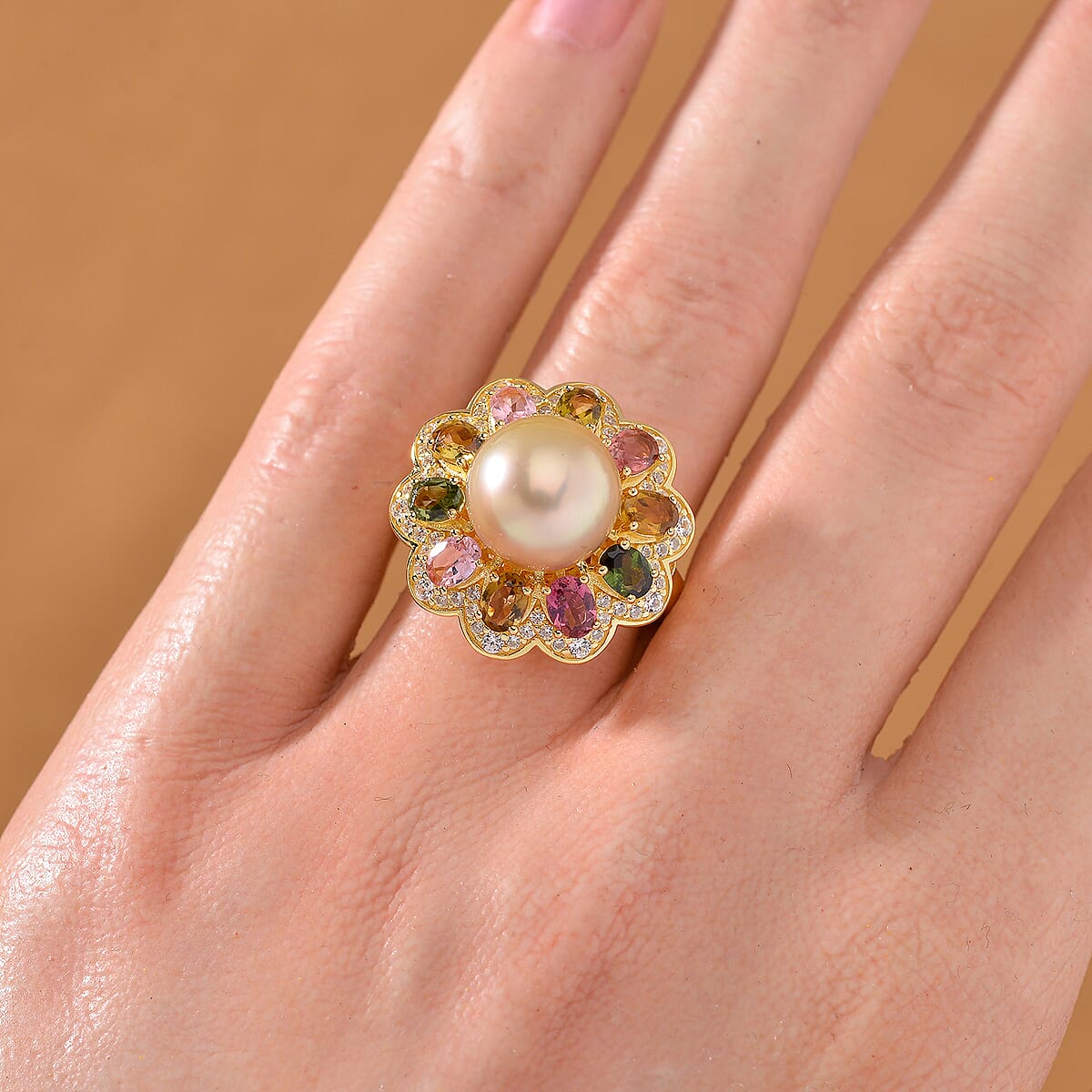 South Sea Golden Cultured Pearl and Multi Gemstone 2.30 ctw Blossom Ring in 18K Vermeil Yellow Gold Over Sterling Silver (Size 6.0) image number 1
