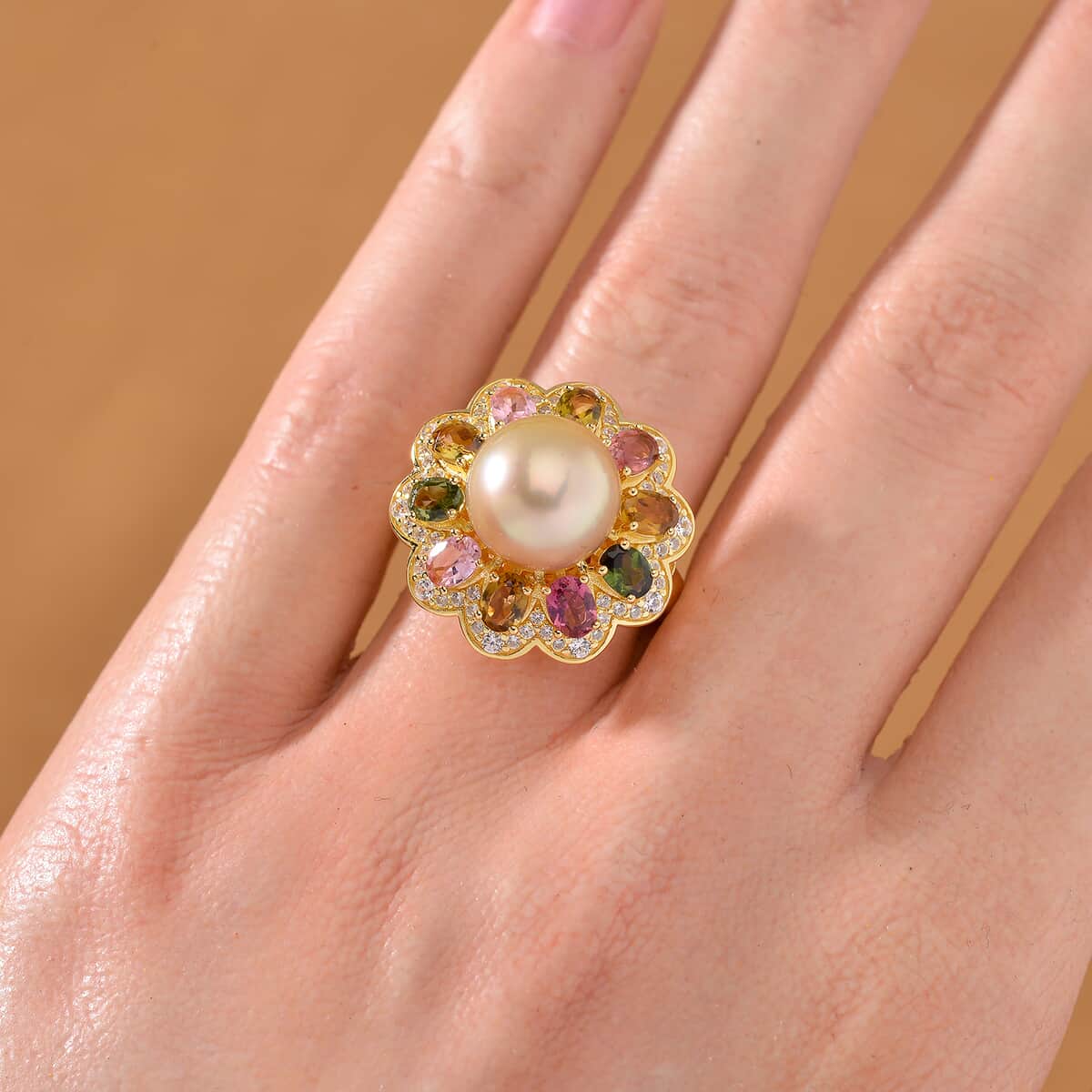 South Sea Golden Cultured Pearl and Multi Gemstone 2.30 ctw Blossom Ring in 18K Vermeil Yellow Gold Over Sterling Silver (Size 7.0) image number 1