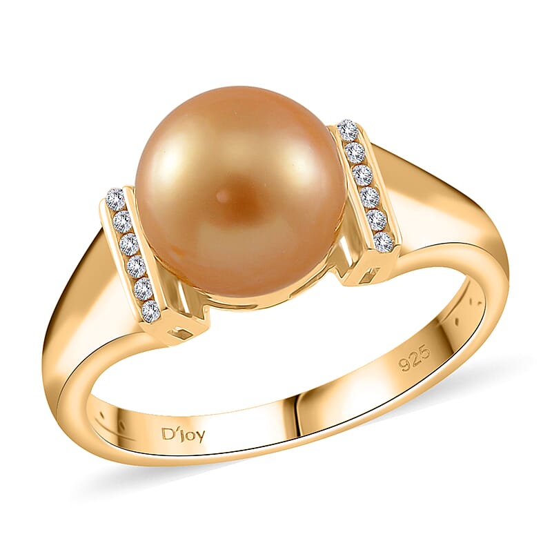 South Sea Golden Cultured Pearl and Diamond 0.06 ctw Ring in 18K Vermeil Yellow Gold Over Sterling Silver (Size 10.0)