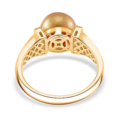 South Sea Golden Cultured Pearl and Diamond 0.06 ctw Ring in 18K Vermeil Yellow Gold Over Sterling Silver (Size 10.0)