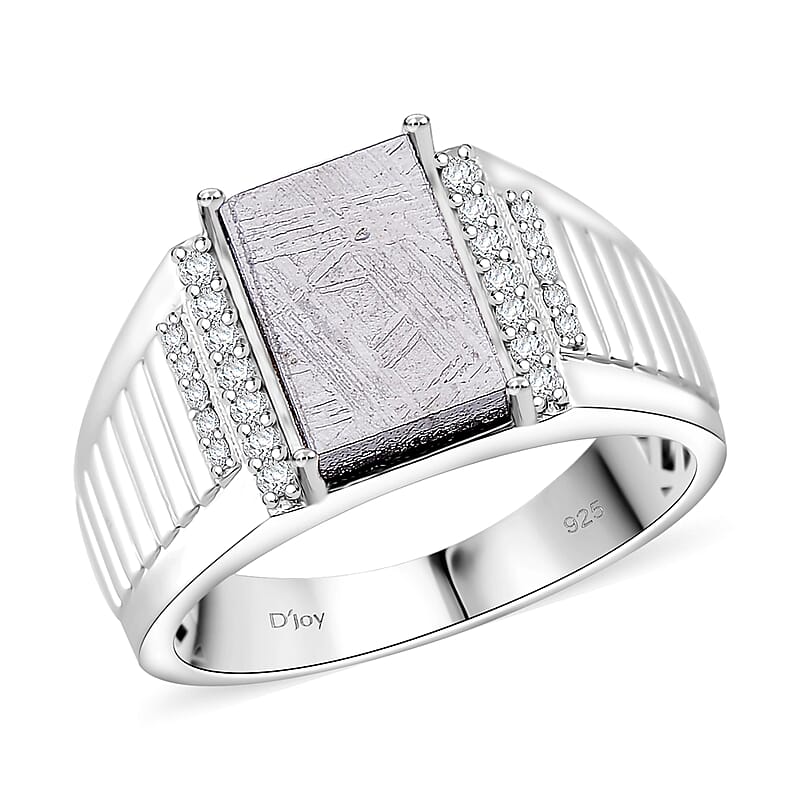Marvelous Meteorite and Moissanite 0.30 ctw Men's Ring in Rhodium Over Sterling Silver (Size 10.0)