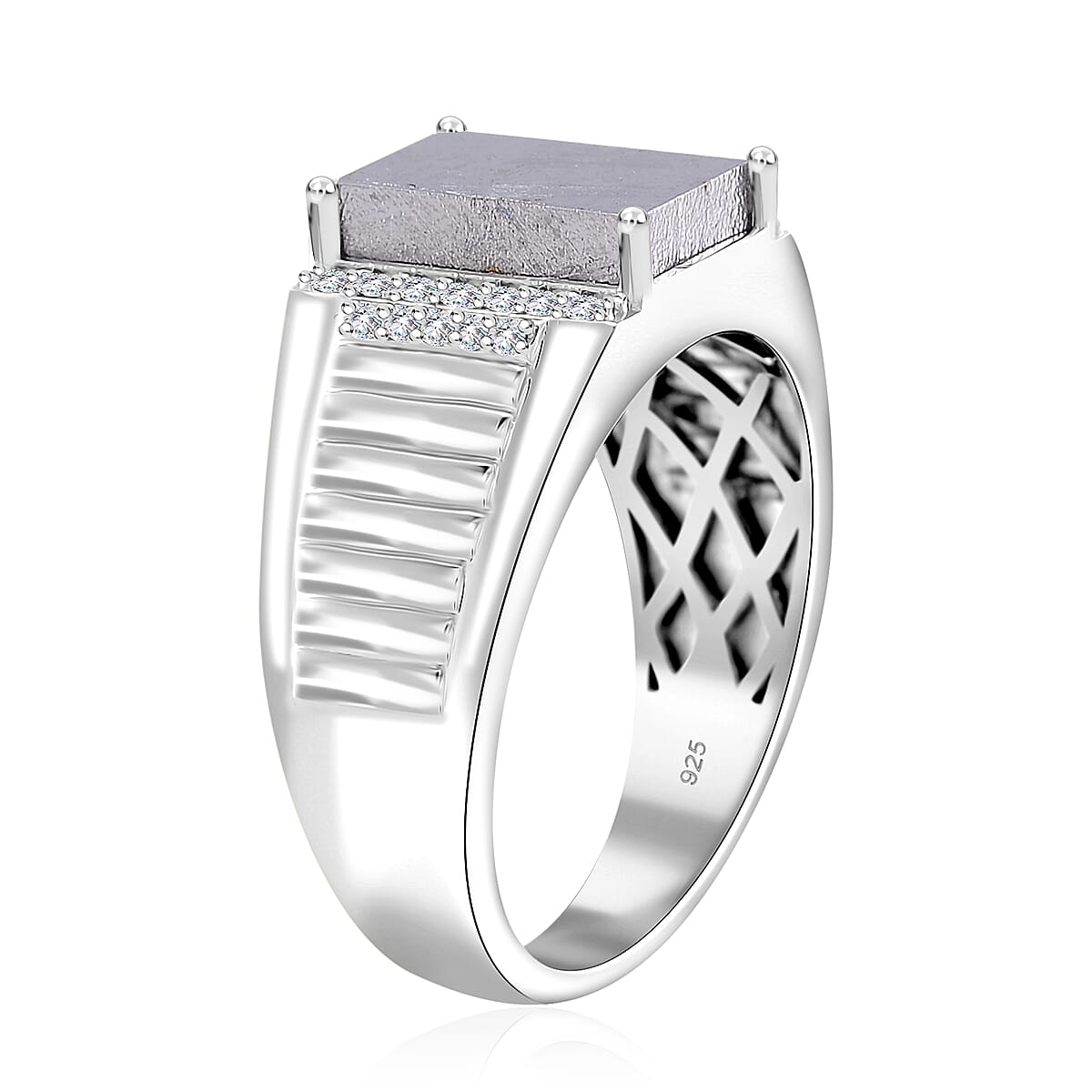 Marvelous Meteorite and Moissanite 0.30 ctw Men's Ring in Rhodium Over Sterling Silver (Size 10.0)