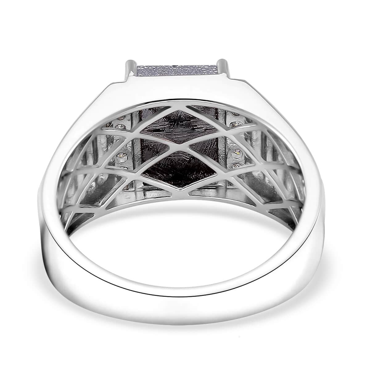 Marvelous Meteorite and Moissanite 0.30 ctw Men's Ring in Rhodium Over Sterling Silver (Size 10.0) image number 4