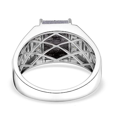 Marvelous Meteorite and Moissanite 0.30 ctw Men's Ring in Rhodium Over Sterling Silver (Size 10.0)