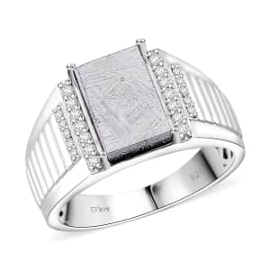 Marvelous Meteorite and Moissanite 0.30 ctw Men's Ring in Rhodium Over Sterling Silver (Size 11.0)