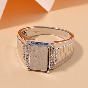 Marvelous Meteorite and Moissanite 0.30 ctw Men's Ring in Rhodium Over Sterling Silver (Size 13.0)