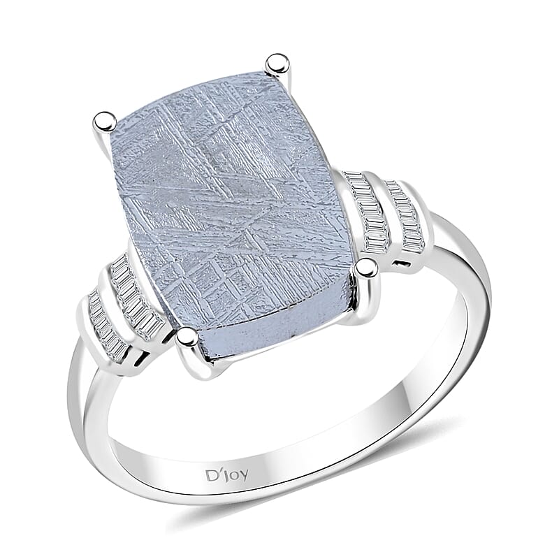 Marvelous Meteorite and Diamond 0.18 ctw Statement Ring in Rhodium Over Sterling Silver (Size 10.0)