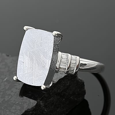 Marvelous Meteorite and Diamond 0.18 ctw Statement Ring in Rhodium Over Sterling Silver (Size 10.0)