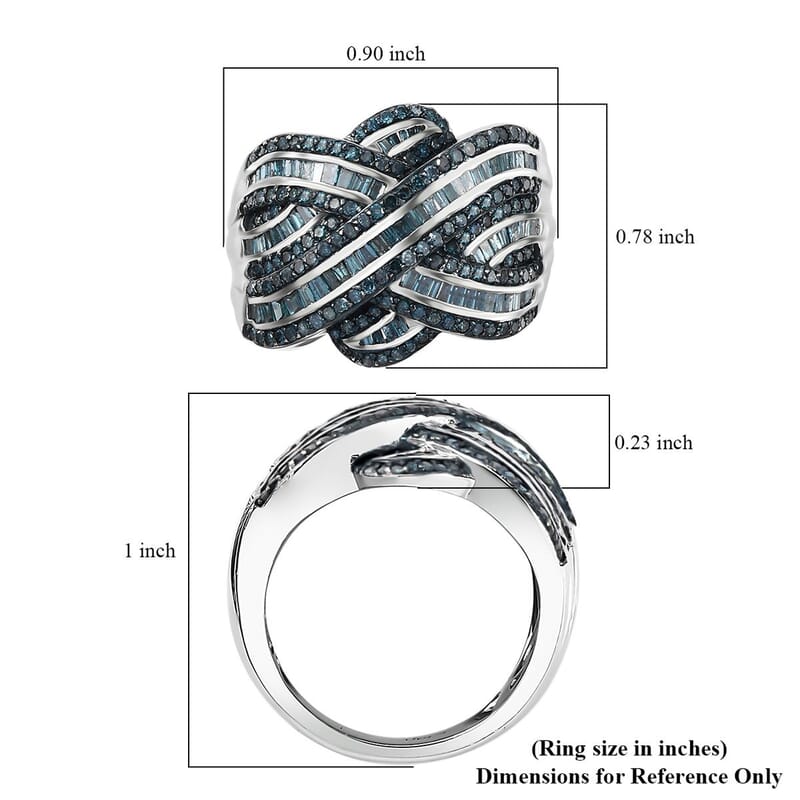 D'Joy Blue Diamond 1.50 ctw Criss Cross Ring in Rhodium Over Sterling Silver (Size 10.0)