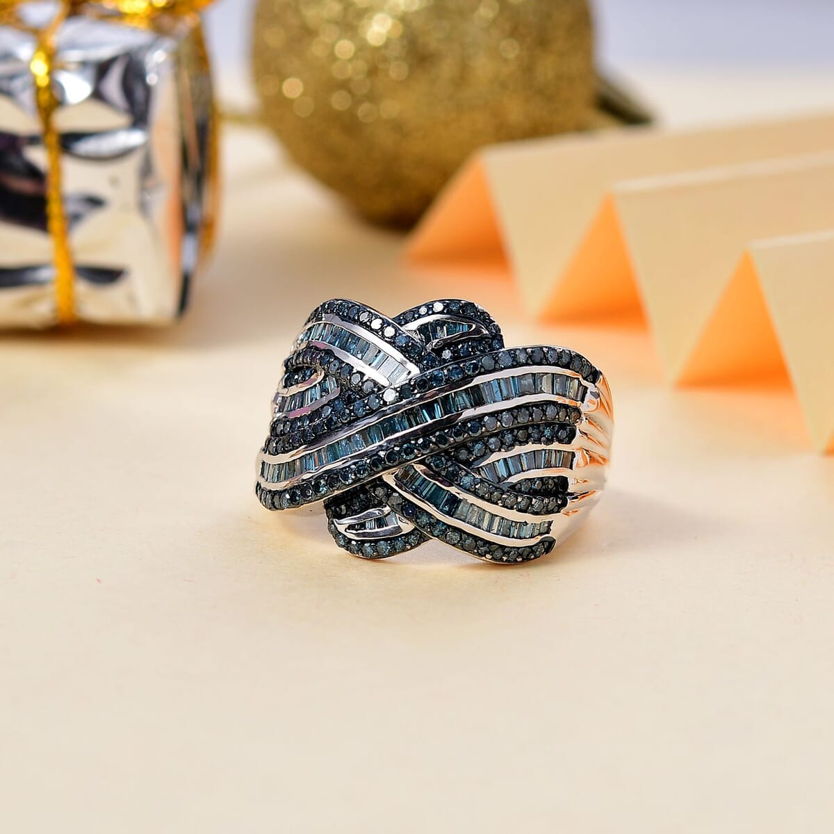 Blue Diamond 1.50 ctw Criss Cross Ring in Rhodium Over Sterling Silver (Size 6.0) image number 1