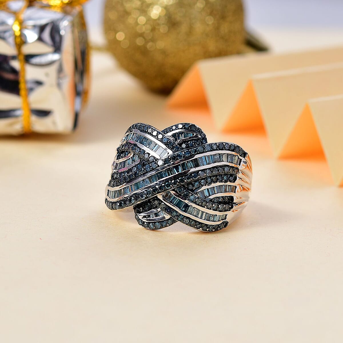 Blue Diamond 1.50 ctw Criss Cross Ring in Rhodium Over Sterling Silver (Size 9.0) image number 1